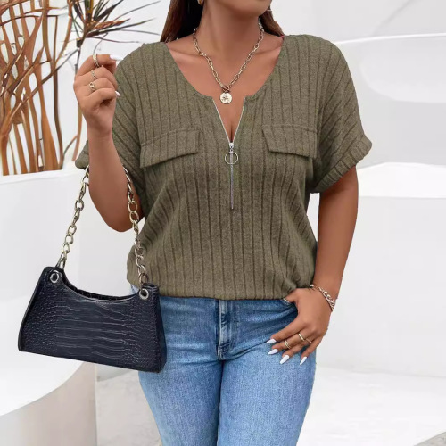 Summer and Autumn Pure Color Plus-Size Women's Top Zipper Short Sleeve Pouch Front T-Shirt Loose Fit