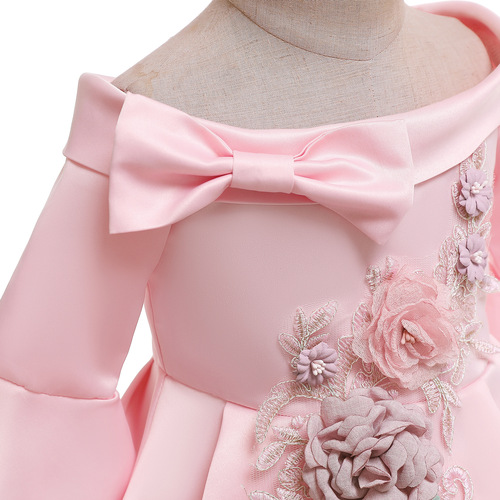 New children's dress, foreign trade satin children's dress, off-shoulder, short-sleeve dress for girls, children's formal dress, embroidered princess dress for children