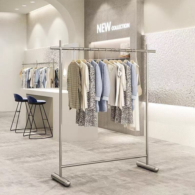Heavy-duty stainless steel floor-standing clothes rack, suitable for indoor use, for drying clothes at home, and also available in the same stylish design for clothing stores