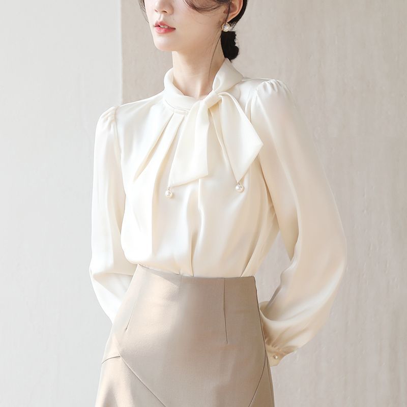 法式温柔领口蝴蝶结衬衫女2025早春新款复古缎面垂感职业通勤上衣|undefined