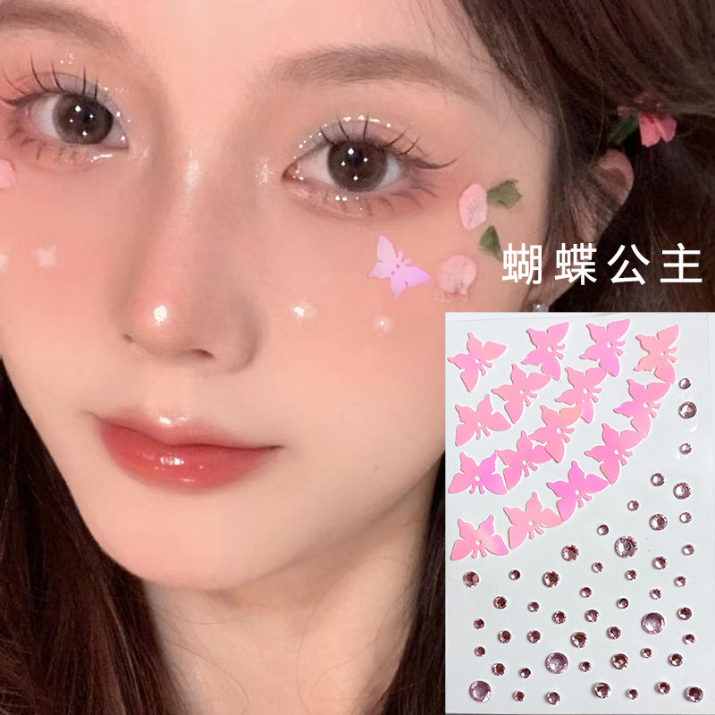 Parche de maquillaje de imitación de celebridades de Internet Parche de diamante Parche de diamante de mariposa Parche de diamante de imitación Parche de cara Parche de lágrima Parche de perlas de ojo Parche de diamante intermitente