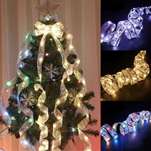跨境燈串禮物裝飾彩帶燈串LED銅線緞帶電池燈聖誕樹頂蝴蝶結彩燈