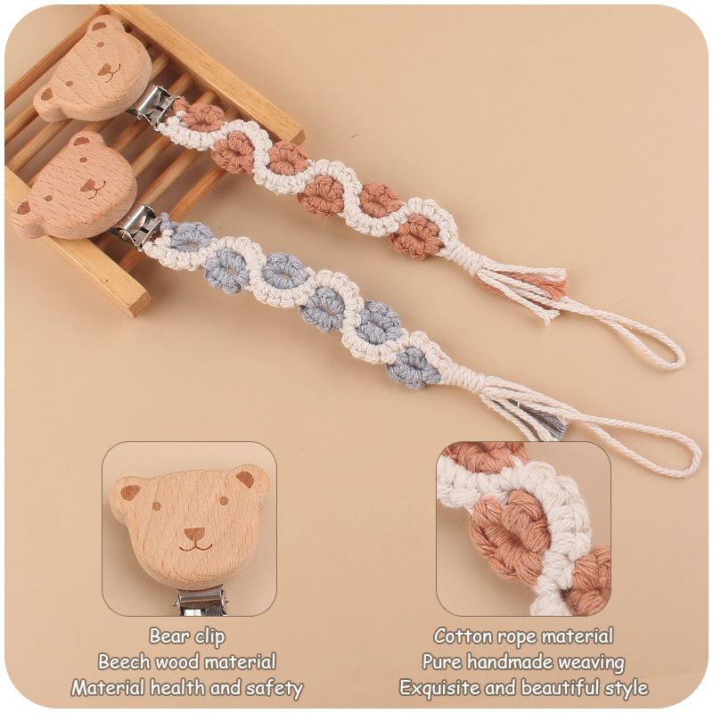 Bebé suministros de haya oso chupete clip calmante DIY bebé creativo artesanal algodón cuerda tejido chupete cadena