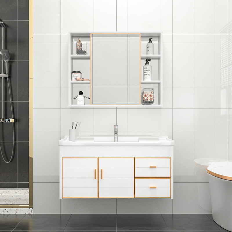 Nueva Luz de lujo espacio de aluminio gabinete de baño lavabo gabinete combinación baño lavabo mesa de lavado montado en la pared simple