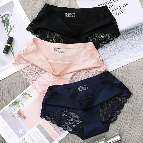 Warp knitted seamless underwear women's lace solid color one piece mid-waist pure cotton sexy butt-lifting temptation briefs quality version