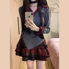 美式chic甜辣妹格子连衣裙女秋季2025新款学院风御姐蓬蓬短裙套装