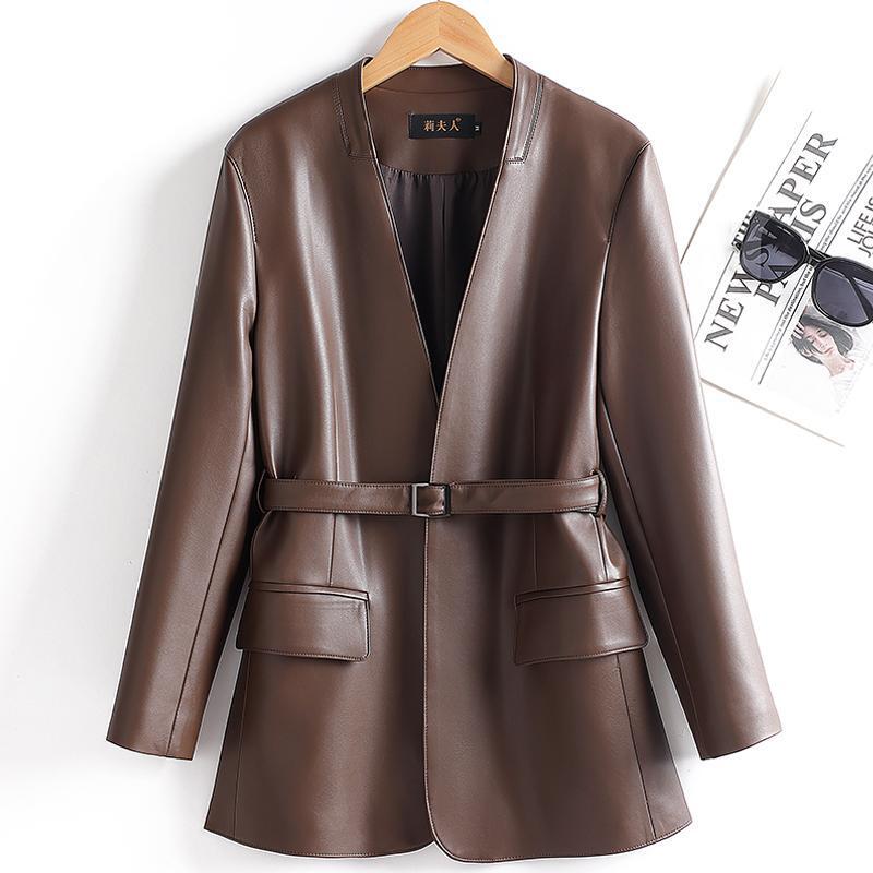 2025 New Genuine Leather Jacket Women's Mid-Length V Neck Small Suit Lace-Up Waist Leather Windbreaker Slim Jacket 2025 New Genuine Leather Jacket Women's Mid-Length V Neck Small Suit Lace-Up Waist Leather Windbreaker Slim Jacket