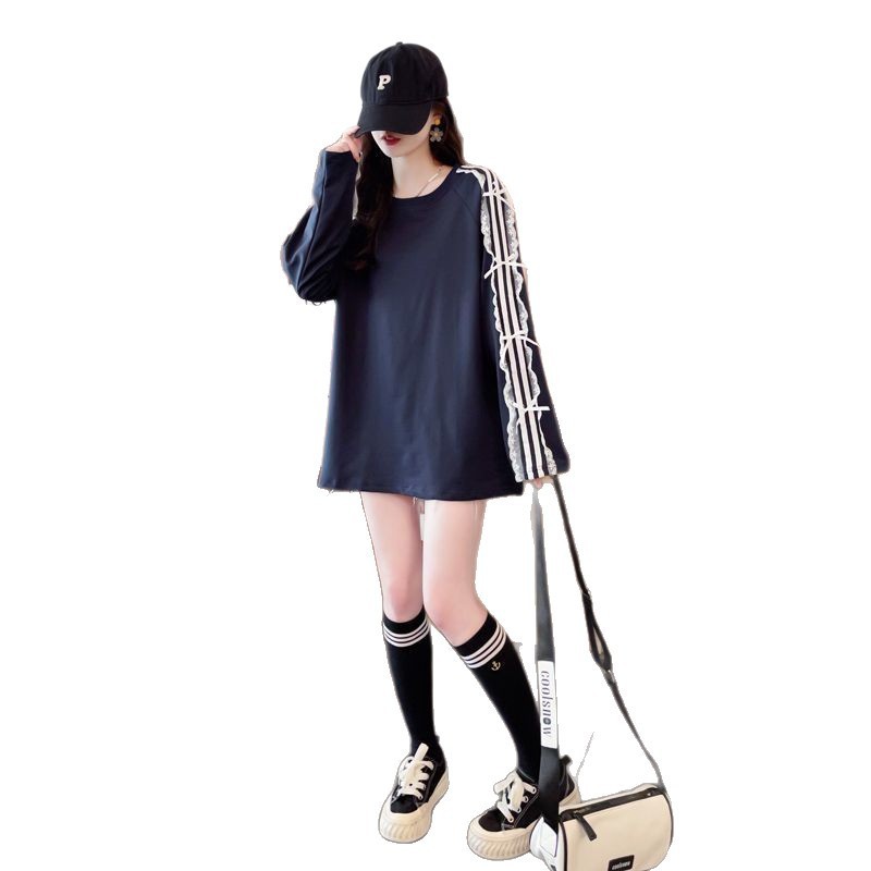 蕾丝拼接三条杠卫衣女花边蝴蝶结设计感小众2025春秋新款长袖卫衣|undefined