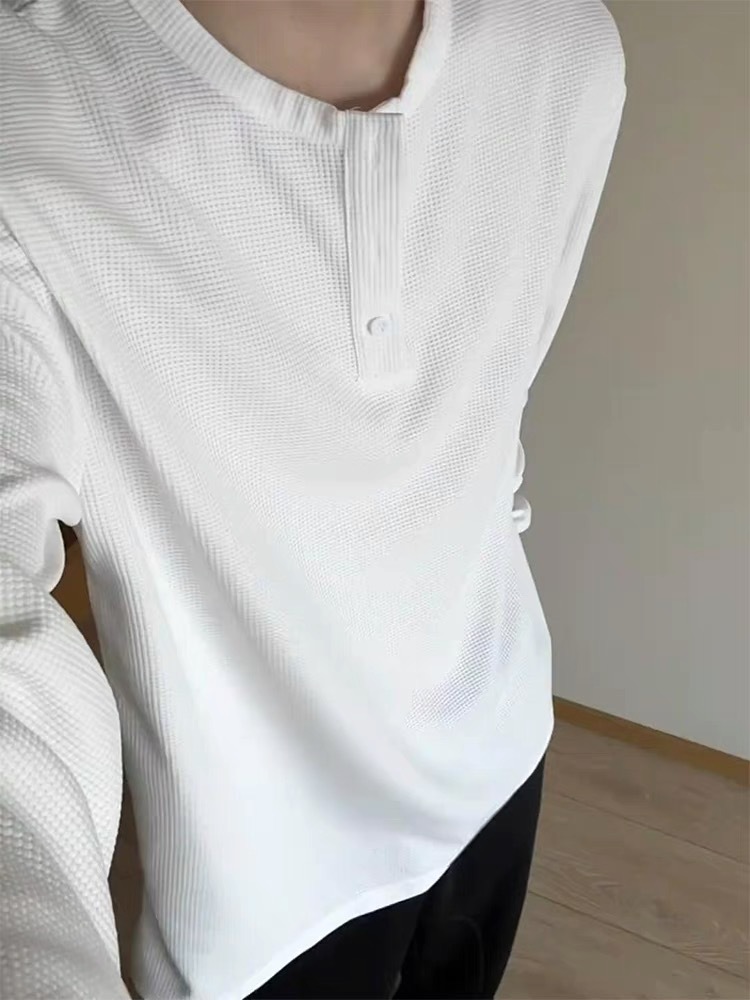 New waffle long sleeved T-shirt for men in spring and autumn vintage Henry collar, loose casual base shirt_voghion.com