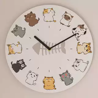 跨境创意可爱猫咪挂钟宠物静音钟表卧室早教时钟客厅艺术木板钟