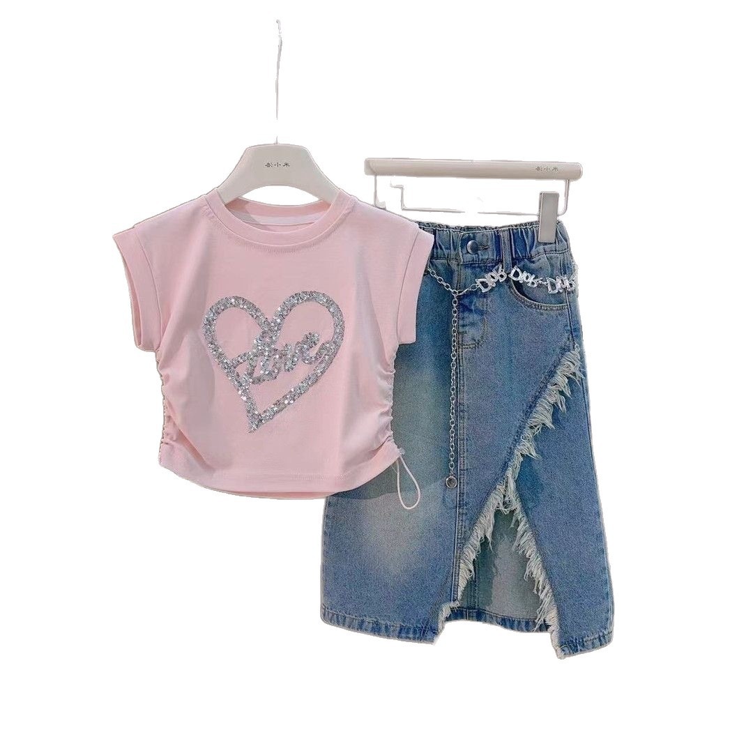 Girls' Summer Outfit 2026 New Stylish Sequin Heart Short-Sleeve Top with Denim Skirt Two-Piece Set Trendy