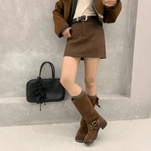 初禾 2025秋季复古简约半身裙女高腰气质显瘦带皮带a字包臀短裙