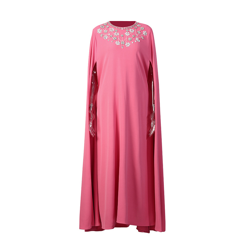 Elegant French-Style Cape Dress With Rhinestone Details - Flowy Batwing Sleeve Maxi Dress For Women, Soft Pink Pure Color Stretch_ecoleips.com