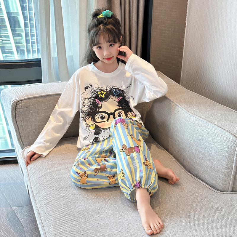 女童睡衣长袖春秋儿童女孩网红爆款家居服大童网红爆款纯棉套装潮|undefined