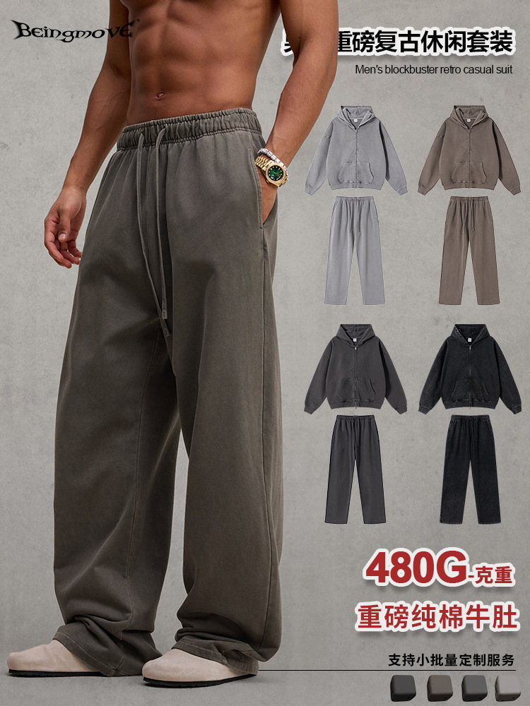 Calle secada| 2025 otoño y invierno retro americano con cremallera pesada con chaqueta encapuchada de algodón rectas pantalones para hombres