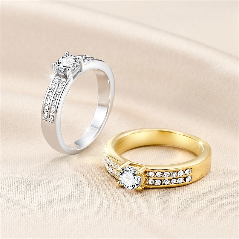 10g Weight PVD Coated Gold Plating Process Real Gold Plated 201 Stainless Steel PVD Coated Zircon Round Waterproof Non Tarnish Romantic Shiny Rings For Women'S