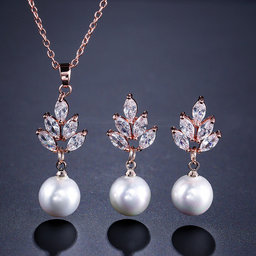 RAKOL European and American Style Bridal Wedding Jewelry Set: Elegant, Versatile Pearl Pendant Earrings & Necklace – Two-Piece Ensemble