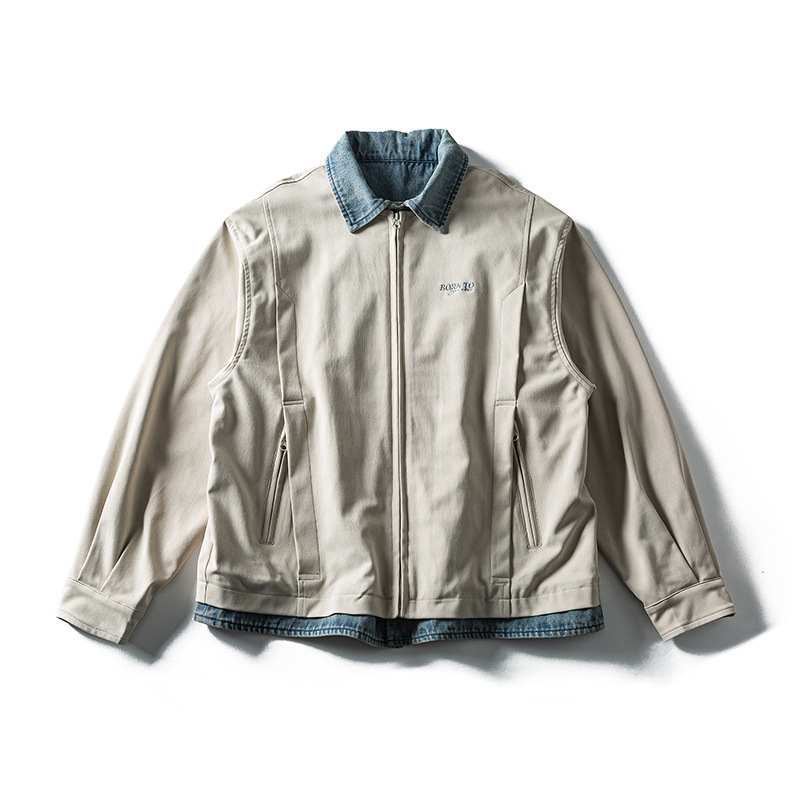 Nanxia American Retro Color-Blocking Denim Faux Two-Piece Lapel Jacket Men's Autumn Barn-Style Short Jacket Nanxia American Retro Color-Blocking Denim Faux Two-Piece Lapel Jacket Men's Autumn Barn-Style Short Jacket