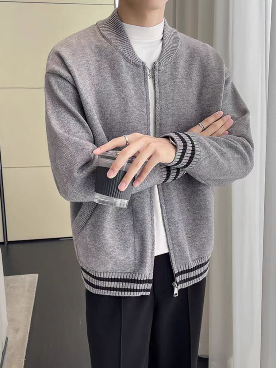 Cardigan da uomo a righe con zip per autunno inverno_voghion.com