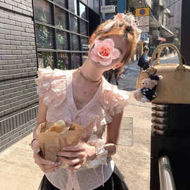 法式波点荷叶边短袖上衣夏季百搭洋气粉色衬衫约会穿搭日系上衣