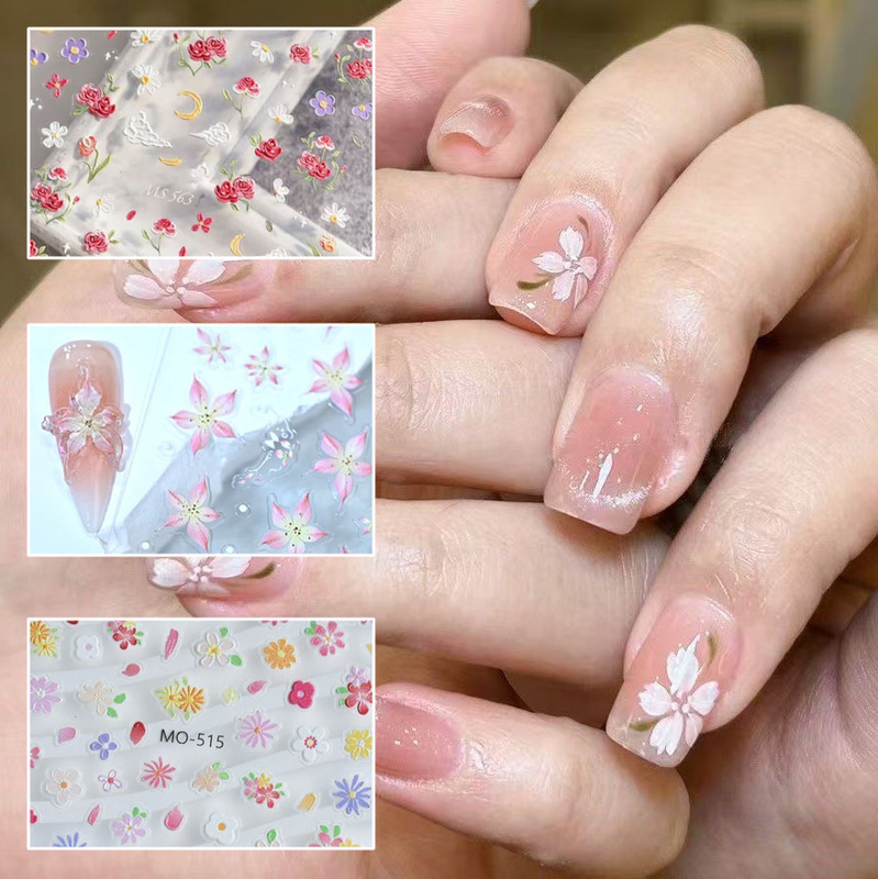 Ins Oil Painting Small Flower Nail Art Relief Sticker New Tulip Dried Flower Small Daisy Rose Flower Handbook Sticker
