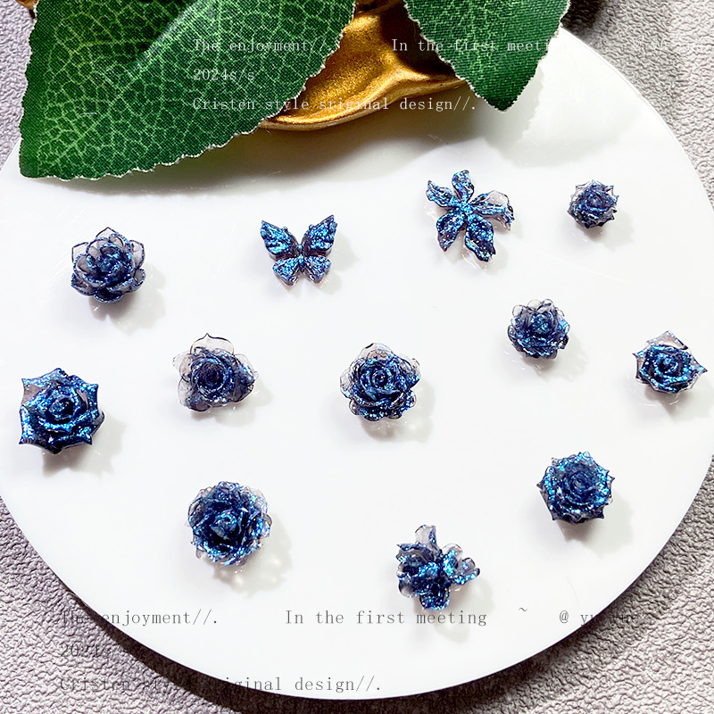 New blue fine flash ice transparent feeling nail art jewelry explosion dark soft flower nail art material butterfly rose mixed