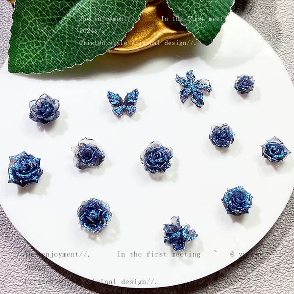 New blue fine flash ice transparent feeling nail art jewelry explosion dark soft flower nail art material butterfly rose mixed