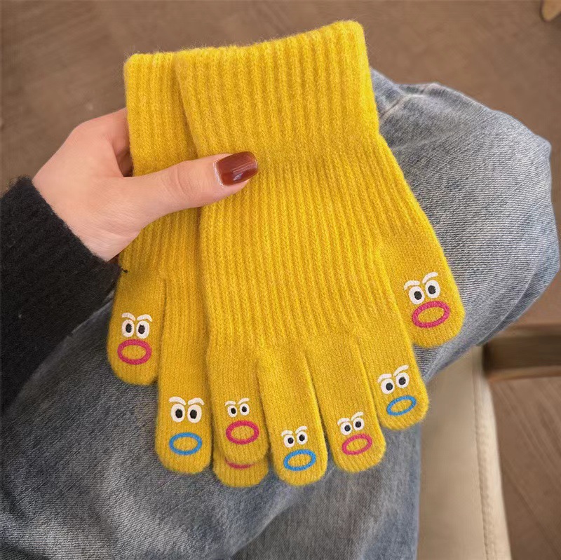 ugly and cute facial expression open finger touch screen five finger gloves female autumn and winter knitted wool keep warm cycling students cold-proof cute