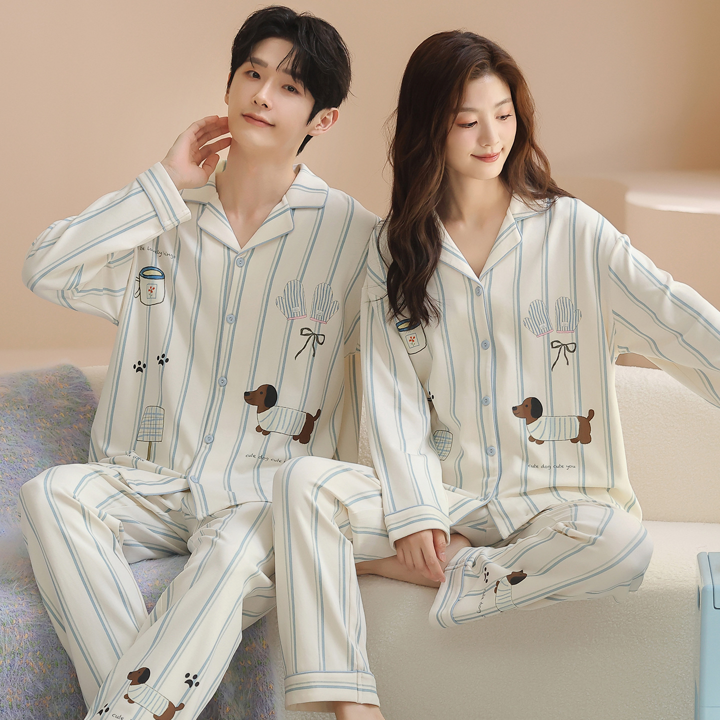 2025 Couple Pajamas Spring and Summer New Long Sleeve Pure Cotton Men's and Women's Lapel Cardigan Cartoon Home Clothes Set Wholesale