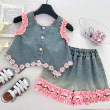 2025新款女童蝴蝶结娃娃衫短裤两件套夏季花边爱心镂空牛仔套3045