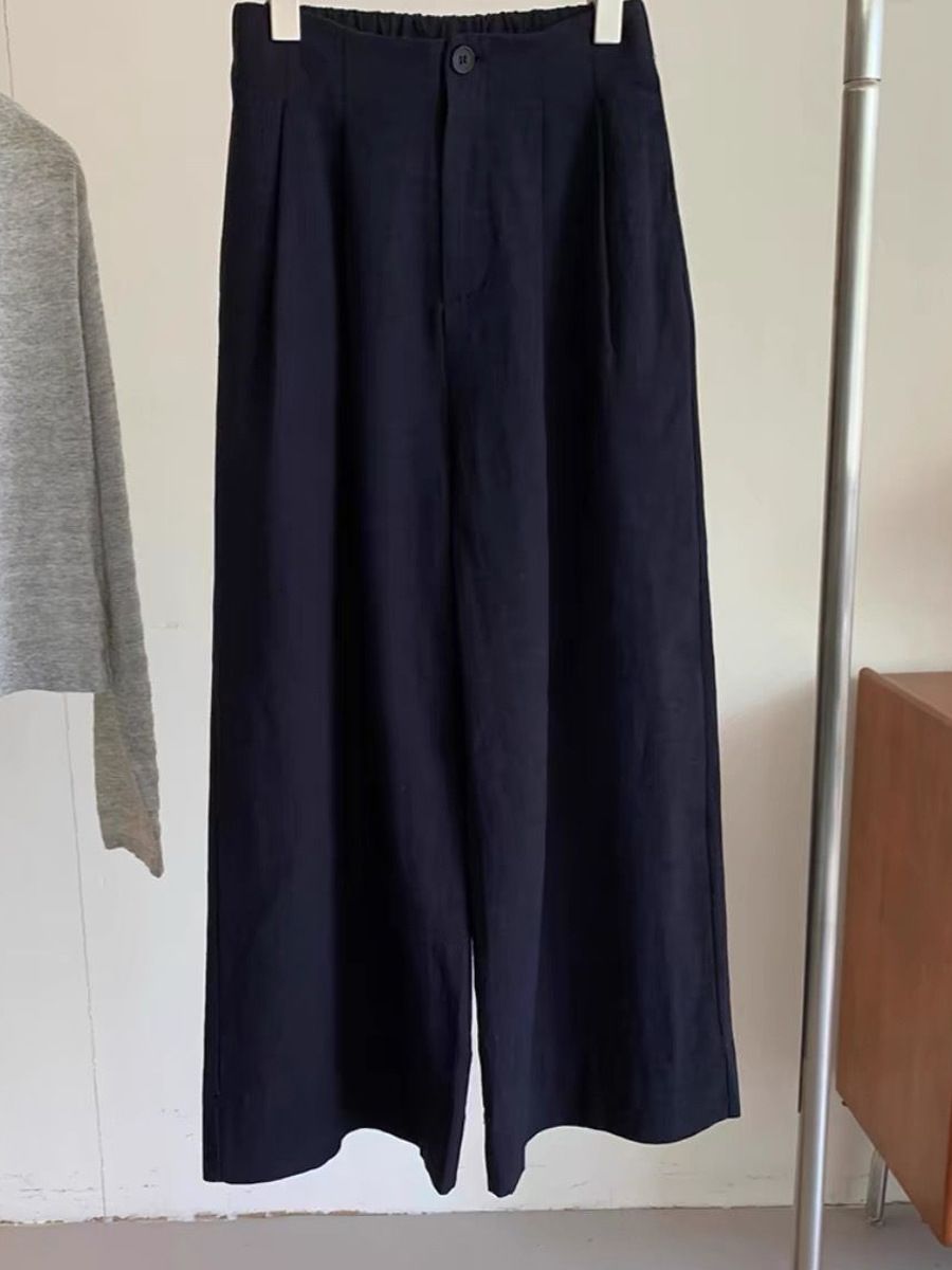 Quần dài lưng thun cotton pha lanh ống rộng mùa hè cho nữ — màu xanh hải quân chi tiết 1