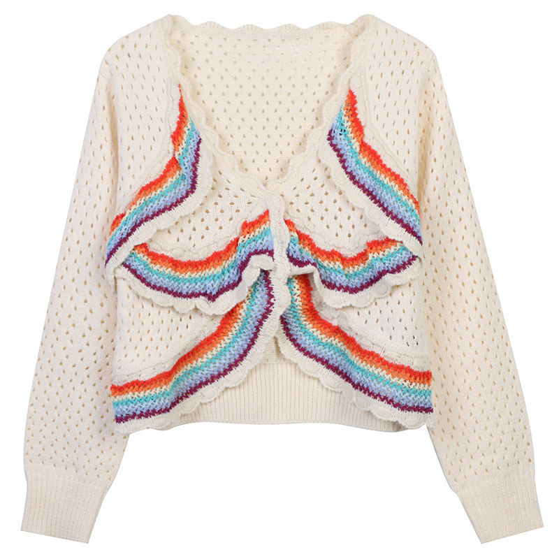 Early Autumn New Knitted Cardigan Rainbow Wavy Stripesd Asymmetrical Design Socialite Small Fragrant Style V Neck Short Top