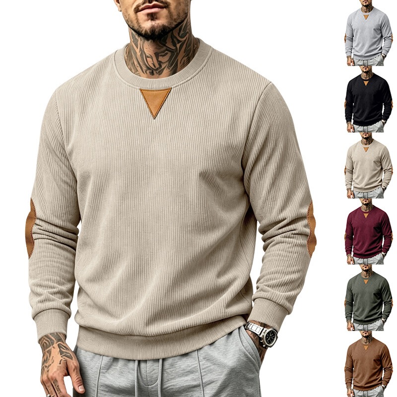 Cross-border men's corduroy long-sleeve sweatshirt with contrasting color triangle patches, elbow patches, round neck, casual pullover top, European and American style Cross-border men's corduroy long-sleeve sweatshirt with contrasting color triangle patches, elbow patches, round neck, casual pullover top, European and American style