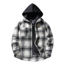 花格子假两件连帽80绒羽绒服男跨境外套男士户外衬衫羽绒服加厚保