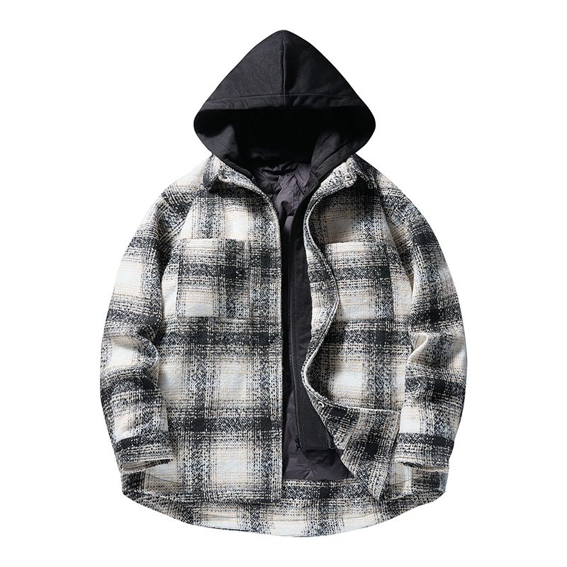 花格子假两件连帽80绒羽绒服男跨境外套男士户外衬衫羽绒服加厚保