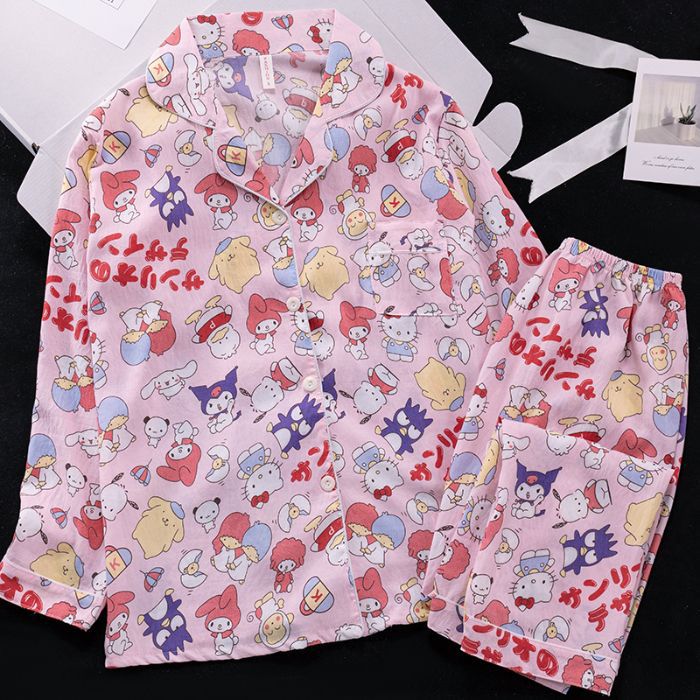 Al por mayor transfronterizo otoño nubes de algodón pantalones de manga larga pijama de mujer set cardigans dibujos animados ropa de casa collar kt gato
