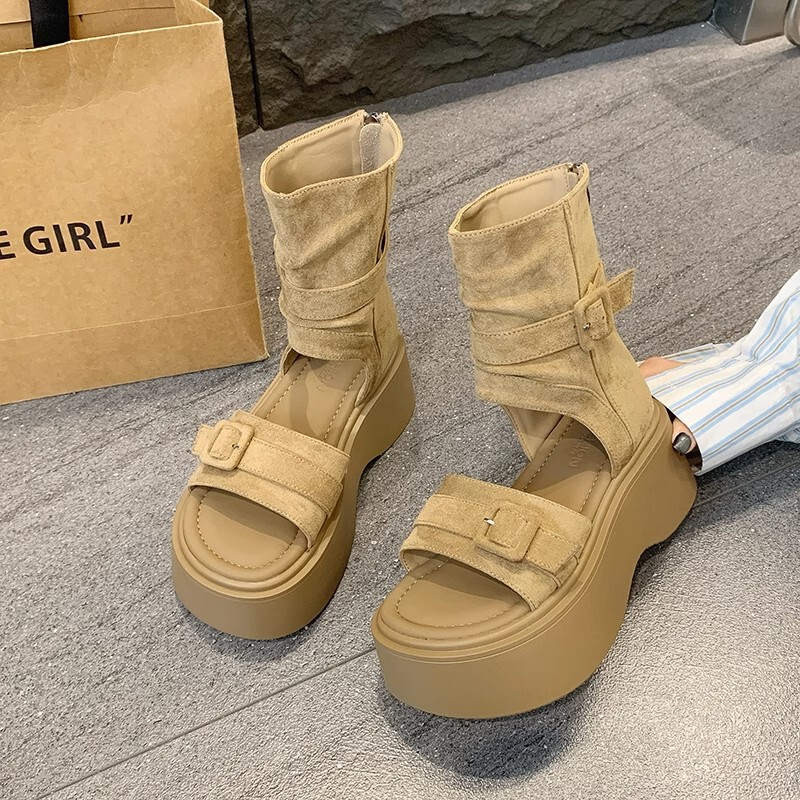 7cm Height-Increasing Sandals 2025 Summer New Thick-Soled High-Heeled Roman Sandals for Women Versatile Retro Trouser Sandals