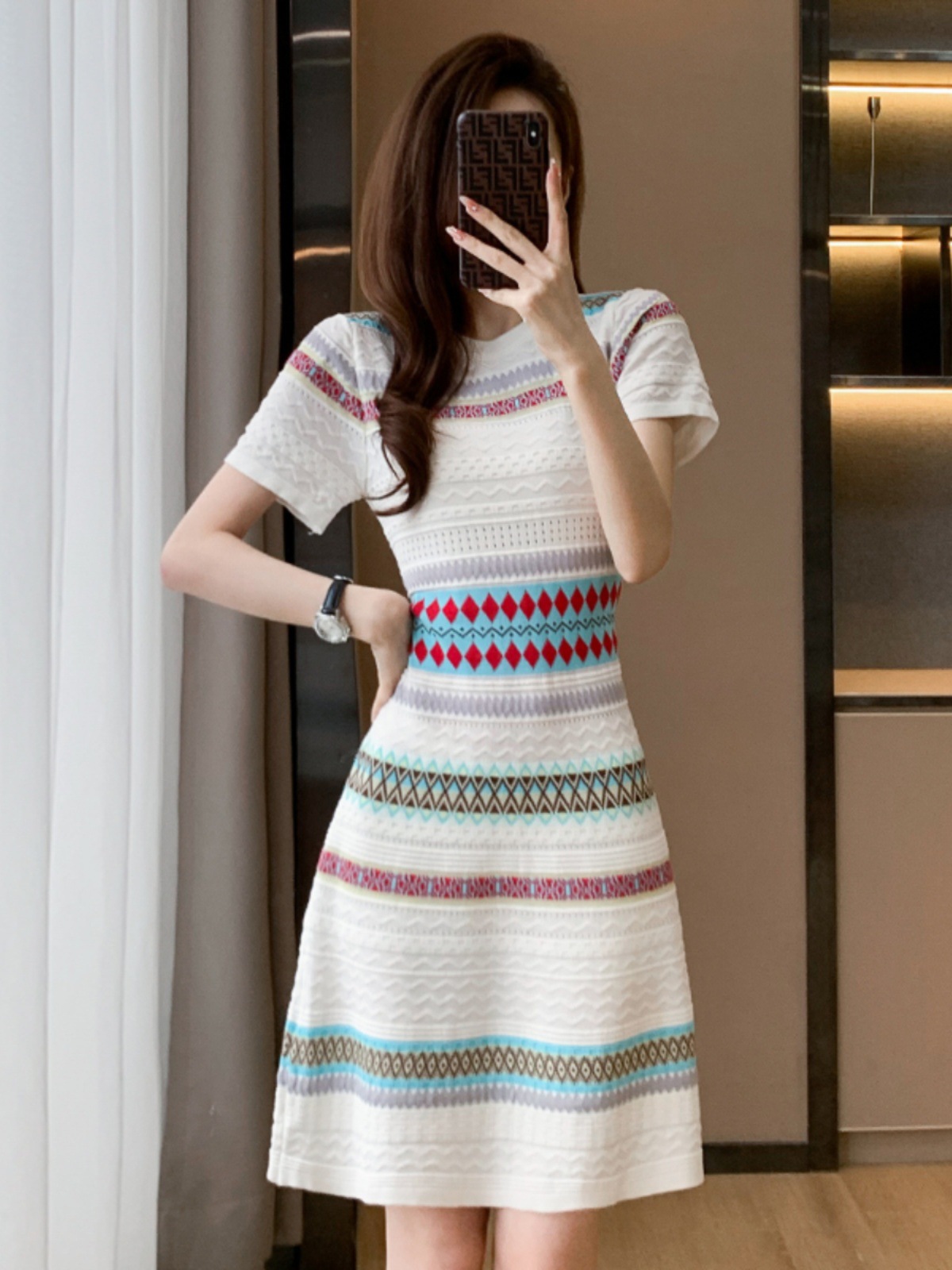 Váy dệt kim ngắn tay phong cách nữ thần sang trọng — màu xanh