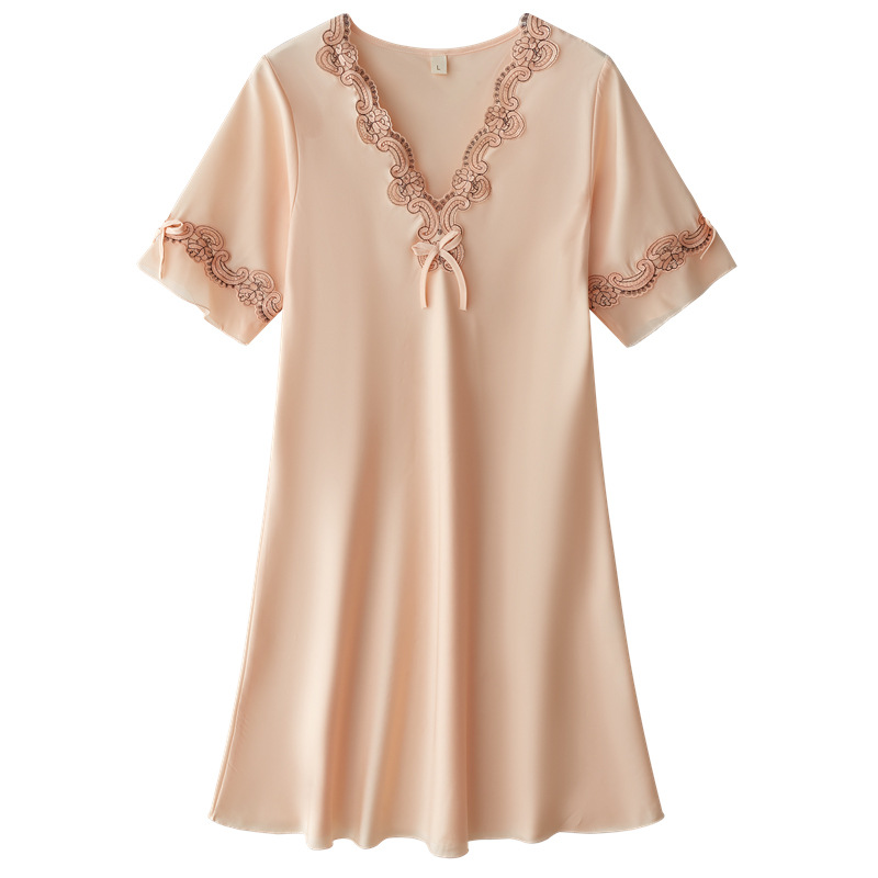 Pijamas cuidadosamente seleccionados para mujer verano fino encaje de seda de hielo de manga corta encaje sexy de gran tamaño camisón de seda servicio a domicilio al por mayor