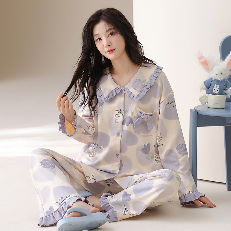 [Algodón puro] 40 pijamas de doble cara para mujer, primavera, otoño e invierno, nuevo estilo de manga larga con almohadilla para el pecho, traje de servicio a domicilio que se puede usar afuera