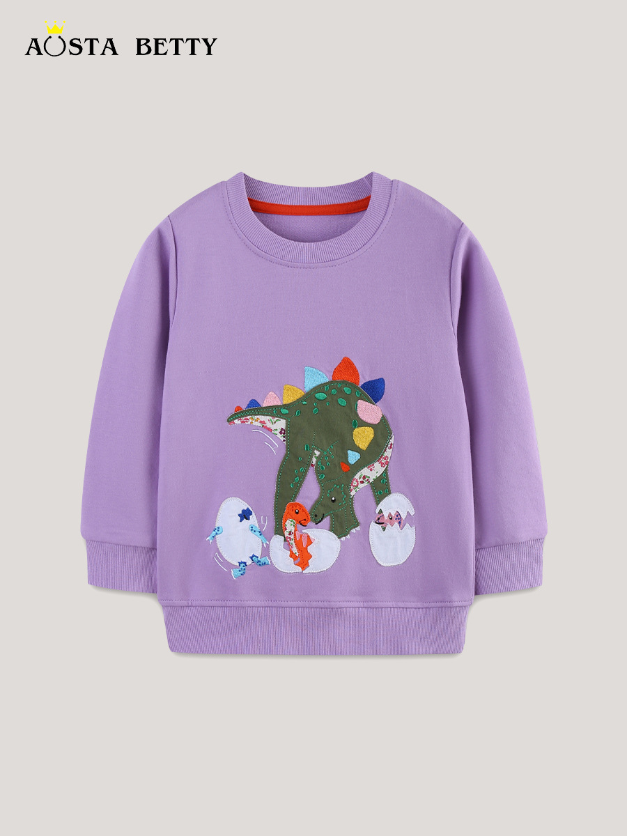 26 nuevos modelos de sudaderas para niñas con parches de dinosaurios, sudaderas infantiles de manga larga, camisetas deportivas infantiles de algodón tejido con cuello redondo, lote mixto. image 3