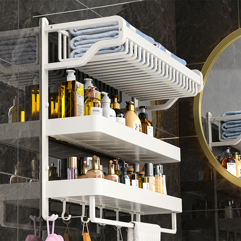 Rack de toallas blancas sin perforación para el baño Rack de almacenamiento de inodoro en una pared de tres capas conjunto Rack de toallas de aluminio espacio