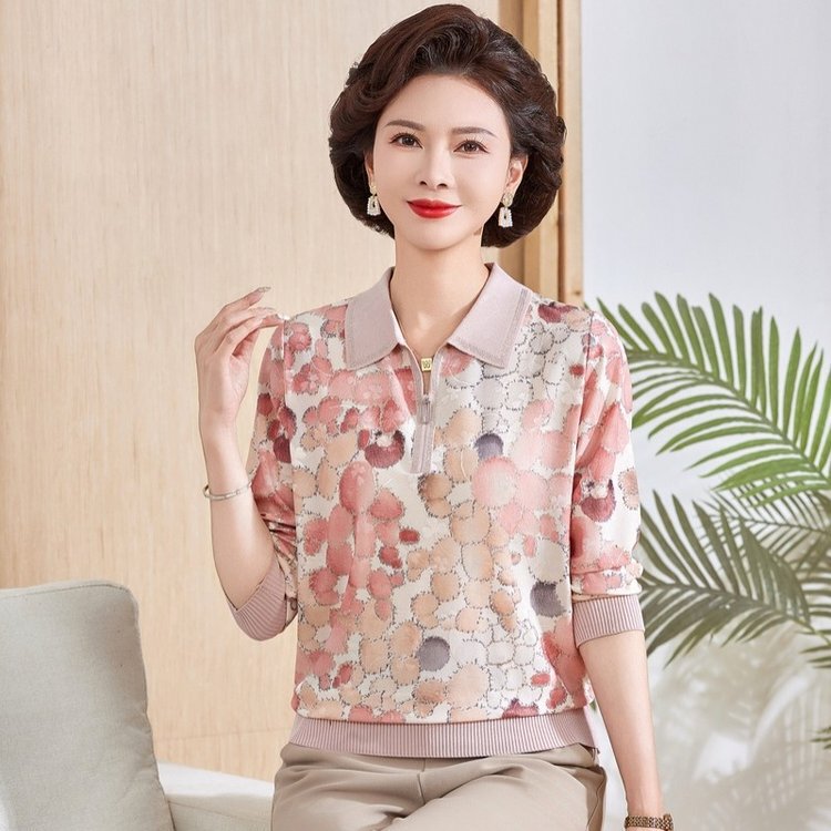 Mom's Spring Lapel Long-Sleeved T-Shirt Tops for Middle-Aged Women, Spring & Fall Ice Silk Bottoming Shirts, Western-Style Autumn Clothes for Outer Wear