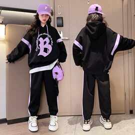 女童韩版休闲秋季套装2024新款中大童时髦连帽字母卫衣长裤两件套