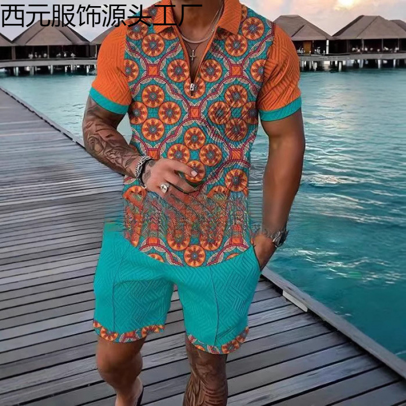 2025 Polo Zipper Shirt Short-Sleeve Set Independent Station Cross-Border European and American Men's New Style Independent Station Supply Casual Sportswear