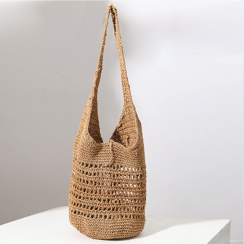  New Large Capacity Grass Woven Bag Korean Style Hollow Casual Single Shoulder Weaving Bag Hand-Held Beach Vacation Sand Bag