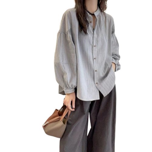 Autumn Striped Lantern Sleeve Loose Shirt Casual Jacket Loose Slimming Japanese Style Small Stand Collar Women's Top