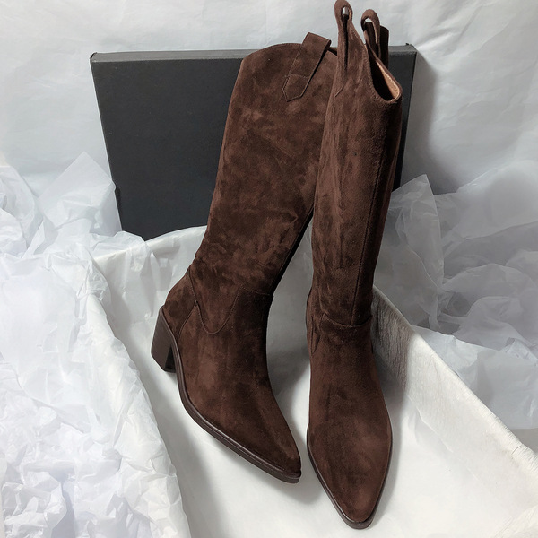 Fashionable denim suede high boots pointed-toe for camping