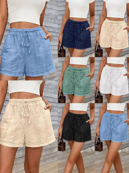 Amazon European and American New Style 2026 Summer Casual Shorts with Hollow-Out Design, Elastic Drawstring Waist, Bohemian Beach Style for Women