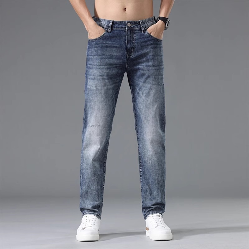 De alta gama de algodón puro 2025 nuevos jeans para hombres primavera y otoño nuevos pantalones largos elásticos azules retro sueltos rectos para hombres